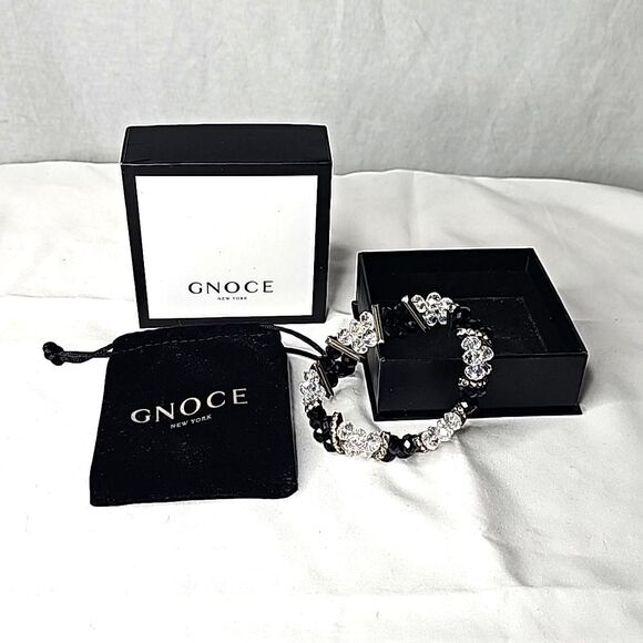 Gnoce Crystal Bracelet Black Clear Silver Rhinestone Bars Size 7.25" - Picture 1 of 2